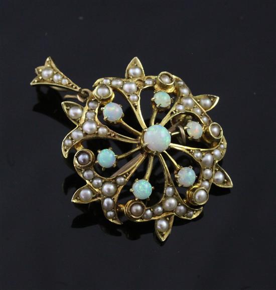 An Edwardian 15ct gold, seed pearl and white opal pendant brooch, 1.5in inc. bale.